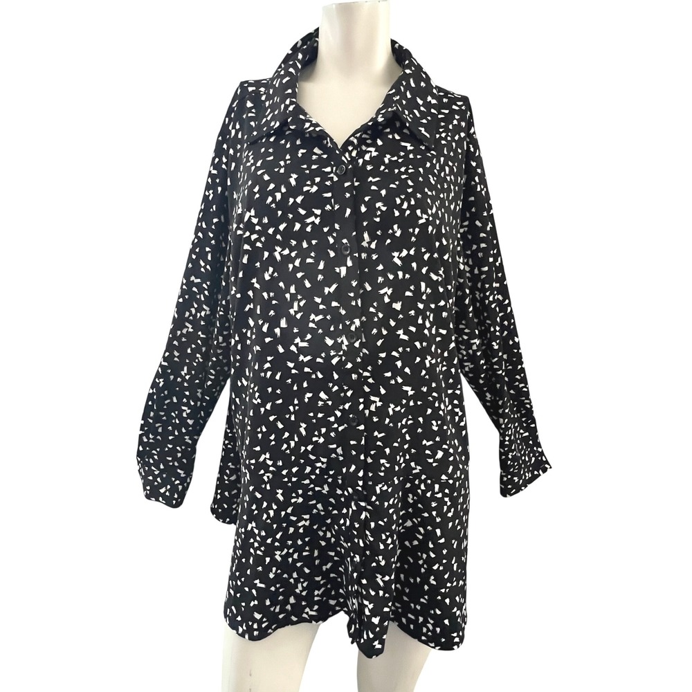 Susan Graver 1X Button Down Tunic Top Black White‎ Abstract Career Long Comfort